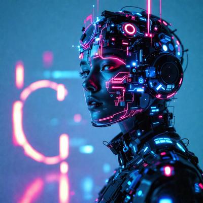 The primary subject of the image is a woman with a futuristic, cyberpunk-inspired appearance. She is wearing a glowing, neon-colored outfit and has a distinctive look with her eyes. The setting is a futuristic environment, possibly a digital art or illustration. The visual style is a mix of digital art and illustration, creating a unique and captivating image. The colors and mood of the image are predominantly neon and futuristic, giving